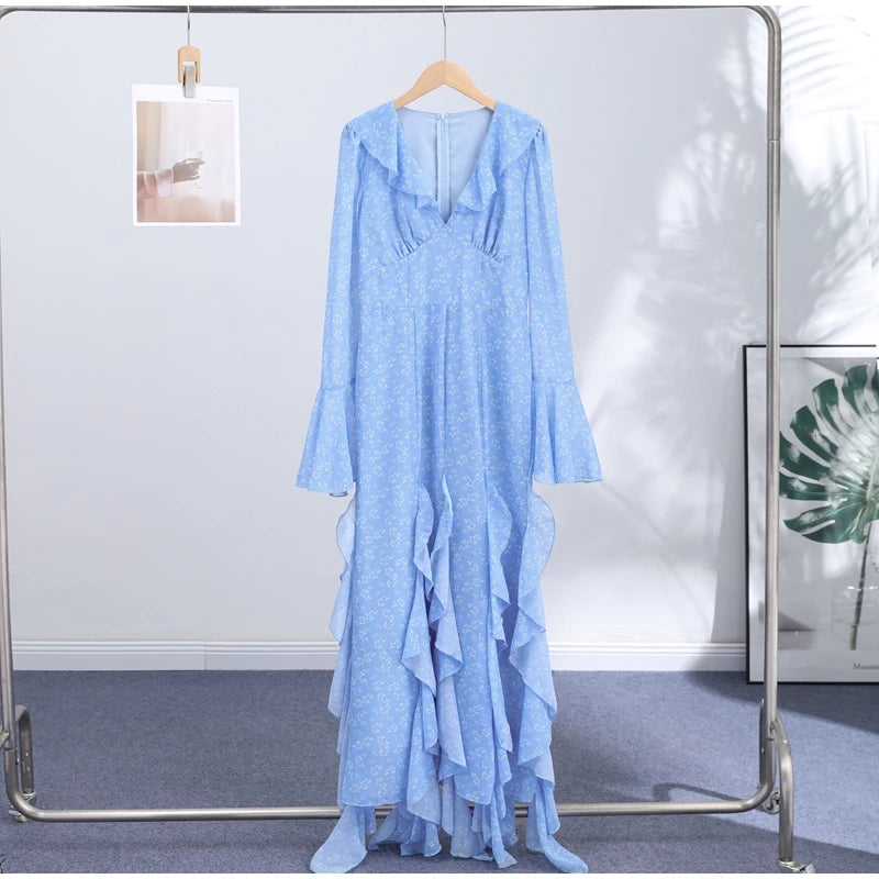 Women Printed V Neck Long Dress Flared Sleeve Lotus Leaf Edge High Waist Slim Fit Maxi Dresses Lady Elegant Evening Party Dress