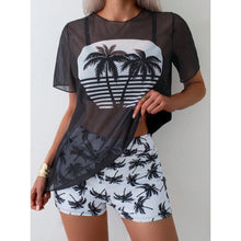 Palm Tree Print Mesh High Waisted Boyleg Bikini Set