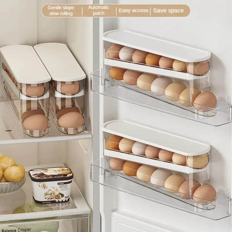 4 Layer Bilayer Fridge Egg Storage Box Ladder Style Automatic Rolling Egg Holder Rack Refrigerator Dispenser Egg Organizer