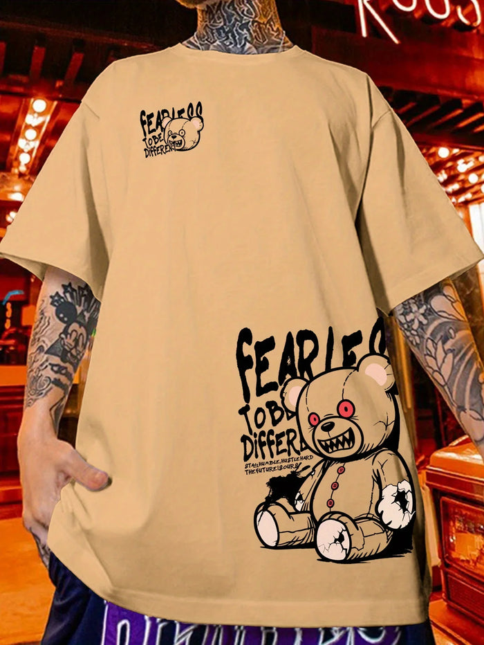 New Men's Summer Teddy Bear Toy Letter Printed Comfortable and Breathable Round Neck T-shirt Outdoor Street Versatile Top