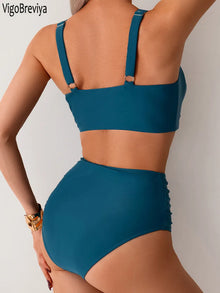 VigoBreviya 2026 Sexy Blue Strapped Swimwear Women High Waist Bikini Set Brazilian Lady Swimsuit Cross Push Up Beach Bath Suit
