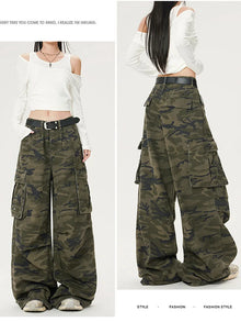 Women's Green Camouflage Workwear Pants Jeans Y2K American High Street Harajuku Loose Wide Leg Long Jeans Casual Clothing 2026