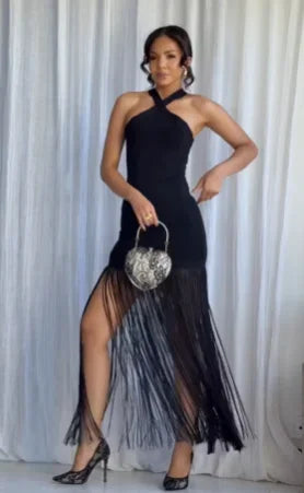 Women Tassel Patchwork Halter Maxi Dress Chic Solid Sleeveless Off-shoulder Slim Slit Dresses Fashion Lady Vacation Party Gowns