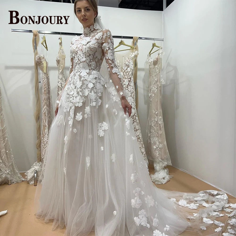 BONJOURY Simple V-neckline Wedding Dress for Woman Bride Satin Pockets Chapel Train Button Vestido De Casamento Drop Shipping