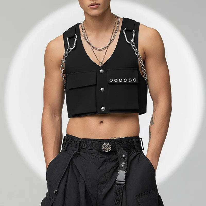 INCERUN Men Vests Solid Color Chain Decoration V Neck Sleeveless Crop Tops Men Streetwear Fashion Casual Male Waistcoats S-3XL