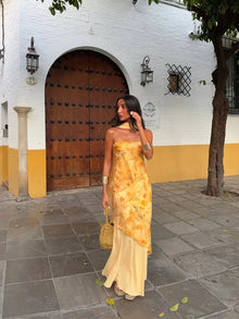 Vintage Floral Print Strapless Patchwork Dress Women Elegant Sleeveless Backless Ribbon Split Dresses Summer Female Party Robes