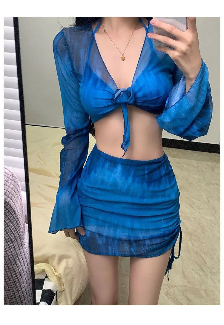 Pure Desire Women's Bikini Swimsuit Set Conservative Slimming Small Chest Gathered Holiday Swimwear Four-Piece Ensemble