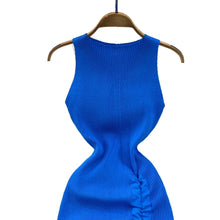 Women's Blue Sleeveless Crew Neck Ruched Side Sundress Stretchy Ribbed Knit Bodycon Midi Dress Slit Summer Daily Party Dress