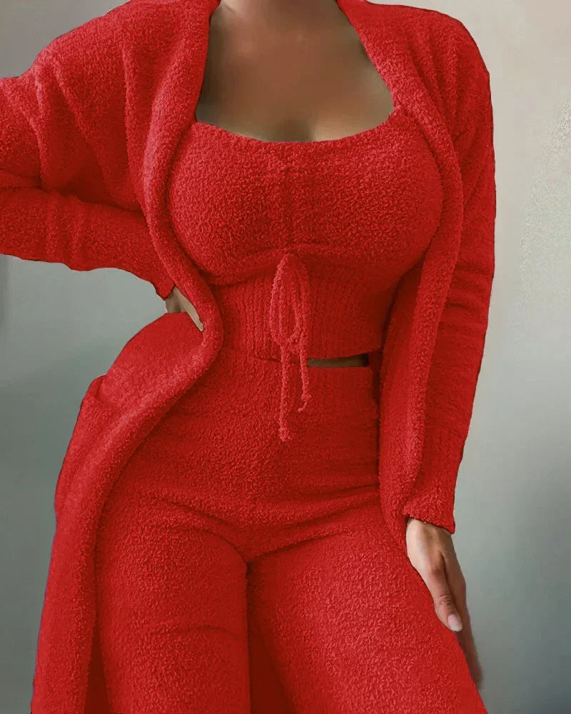 2026 New Luxury Women's Plush Pajamas Set Crop Top+Long Pants+Coat 3 Pieces Suit Homewear Female Matching Sets Warm Pyjamas Pjs