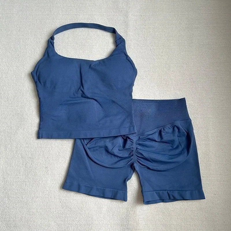 NO Logo Gym impact shorts set Strap Top Women's Long Line Strap Vest Pads Yoga Clothes Fitness Exercise Running Sports Clothes