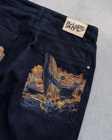 Hip Hop Cartoon Pattern Pocket Embroidery Denim Shorts Y2k Retro Baggy Dark Blue Jeans Short Men Women Street Skateboard Jorts