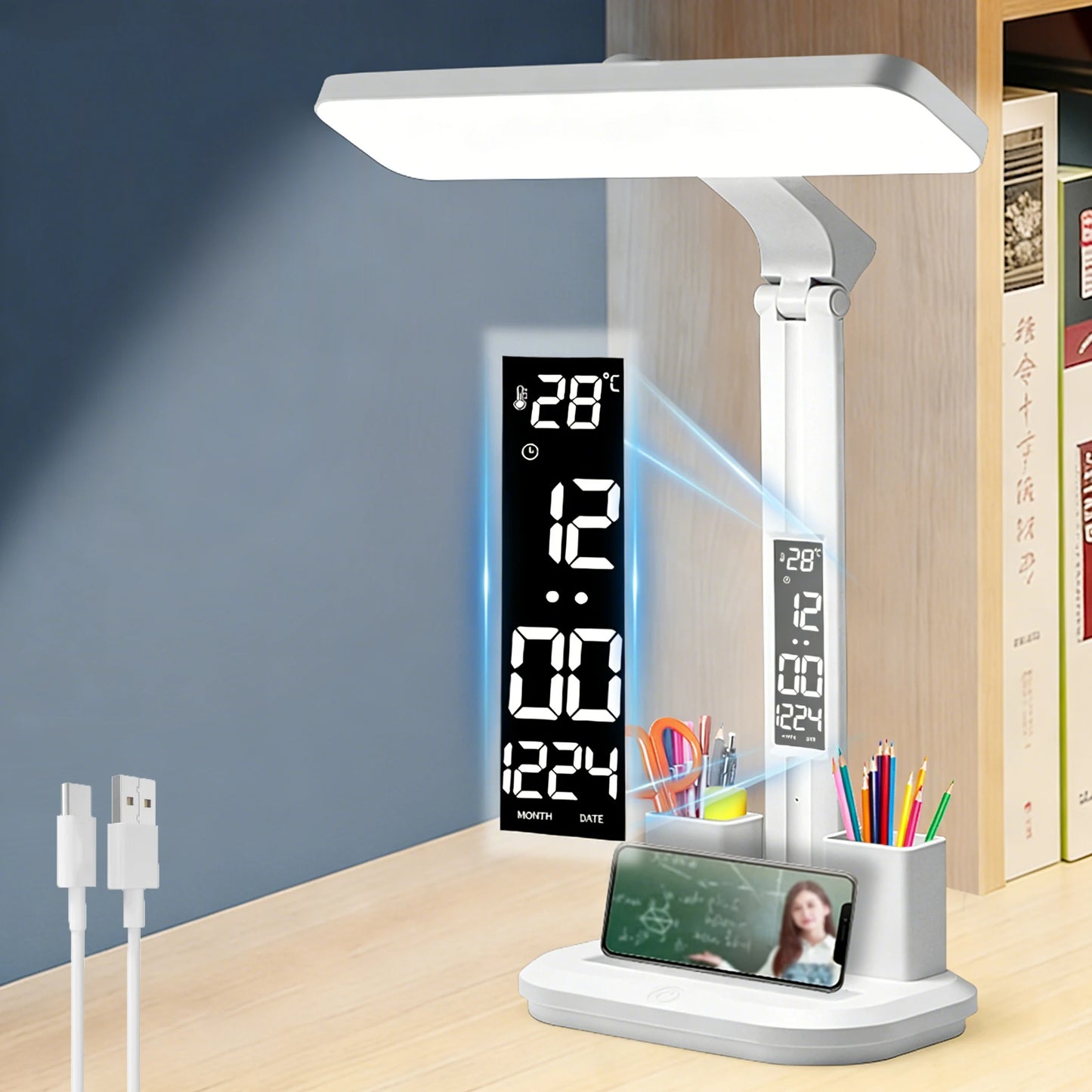 LED Desk Lamp with Digital Clock, Dimmable Eye-Caring Light with Pen Holder, USB Charging for Study, Home