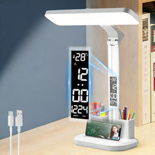 LED Desk Lamp with Digital Clock, Dimmable Eye-Caring Light with Pen Holder, USB Charging for Study, Home