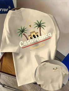 T-shirt pour homme en coton premium 100 % doux avec motif palmier et bâtiment marocain, parfait pour un style décontracté tropical estival