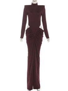 Robe longue élégante Nibber style hipster, sans taille, froncée, col roulé, manches longues, design évidé, pour femme, style automne, idéale pour bal ou soirée, coupe moulante