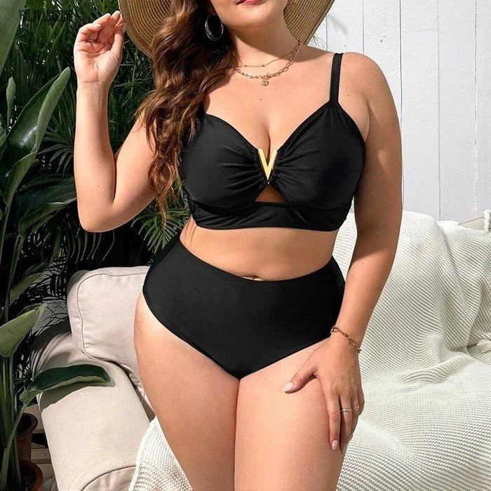 2026 Black V Neck Plus Size Swimwear Women High Waist Large Two Piece Swimsuit Lady Hollowed Out Chubby Big Curvy Bathing Suit