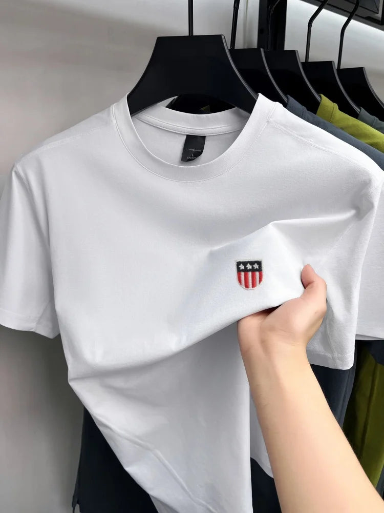 High end ice silk short sleeve T-shirt men's fashion luxury brand exquisite embroidery design, summer breathable round neck top