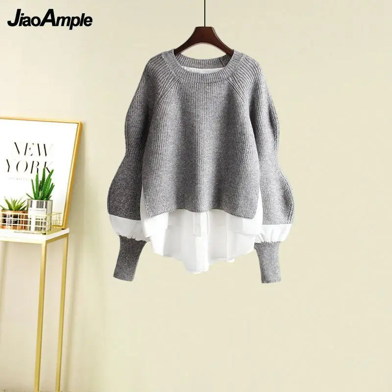 Women's Spring Autumn New Fashion Fake Two Piece Knit Sweater+Strap A-line Skirt Suit Korean Elegant Pullover Dress Matching Set