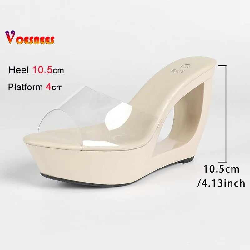 Fashion Transparent Crystal Slippers Women 10.5CM Wedges Clear High Heels Platform Sandals 2026 Summer New Model Catwalk Shoes