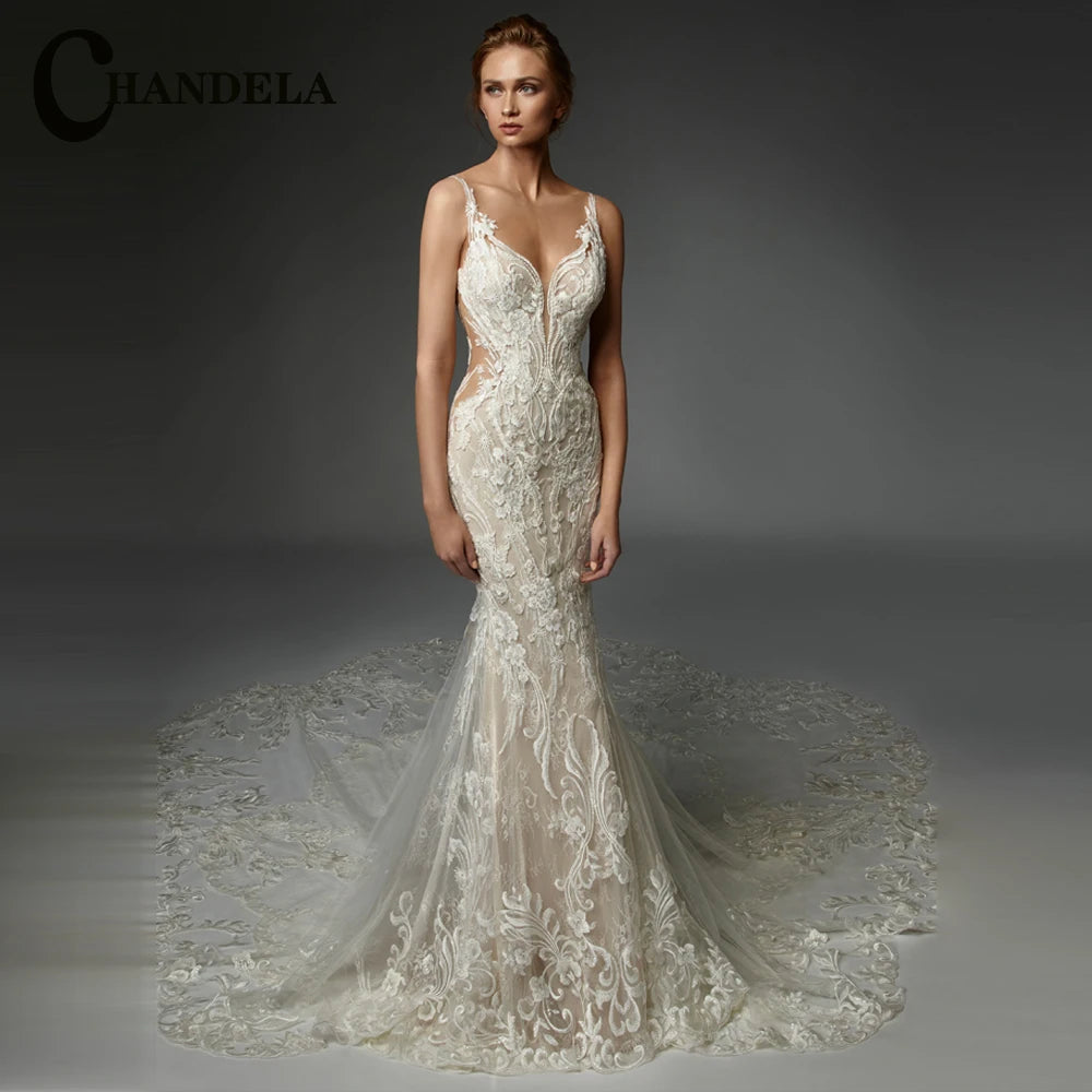 CHANDELA Trendy A-line Wedding Dress Bridal Sleeveless Tulle Lace Appliques Lacing up Brush Train Vestidos Para Mujer Customised