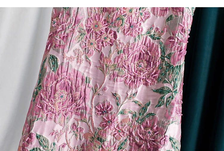 Women Peony Chinese Style Beaded Rhinestone Cheongsam Dress Mandarin Collar Sleeveless Luxury Party Vintage Dress