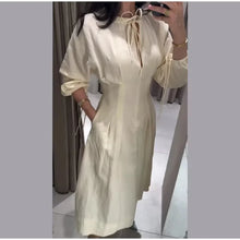 Women's Dress 2026 Summer New Beige Long-Sleeve Loose Tie-Decorated Long Dress Elegant and Graceful Beach Vacation