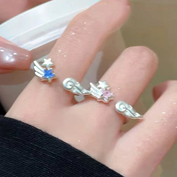 Bague ouverte réglable pour femme motif aile d'ange et étoile, bijou fantaisie romantique et élégant au design vintage créatif, vente en gros
