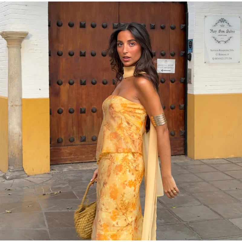 Vintage Floral Print Strapless Patchwork Dress Women Elegant Sleeveless Backless Ribbon Split Dresses Summer Female Party Robes
