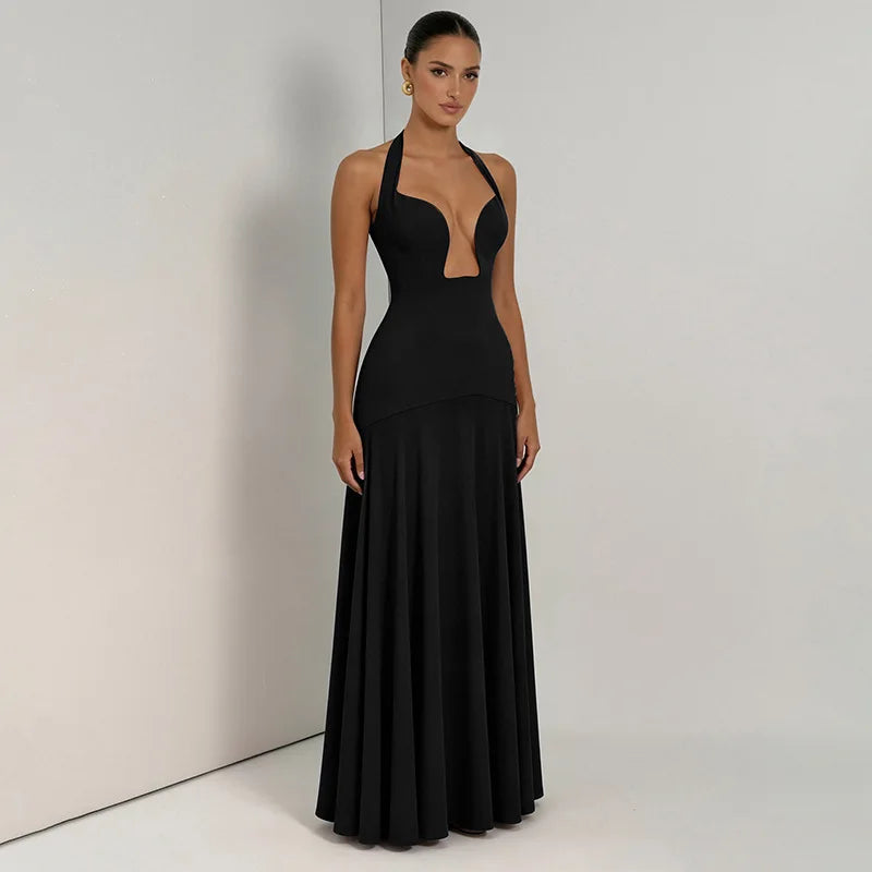 2026 NEW Summer Women Halter Front Cut Out V Neck Bodycon Maxi Dress Sleeveless Sexy Elegant Club Evening Party Long Dress