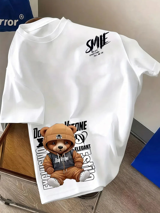 European and American men's summer personalized letter bear print comfortable and breathable round neck T-shirt outdoor street t