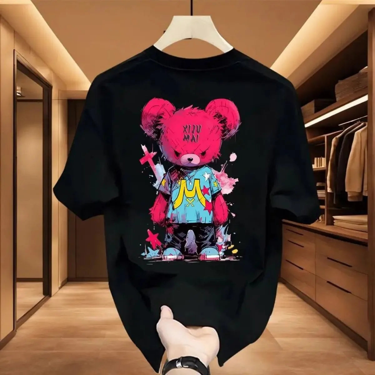 2025 Summer Men's Breathable Round Neck T-shirt Cartoon Bear Pattern Outdoor Polyester Casual Top