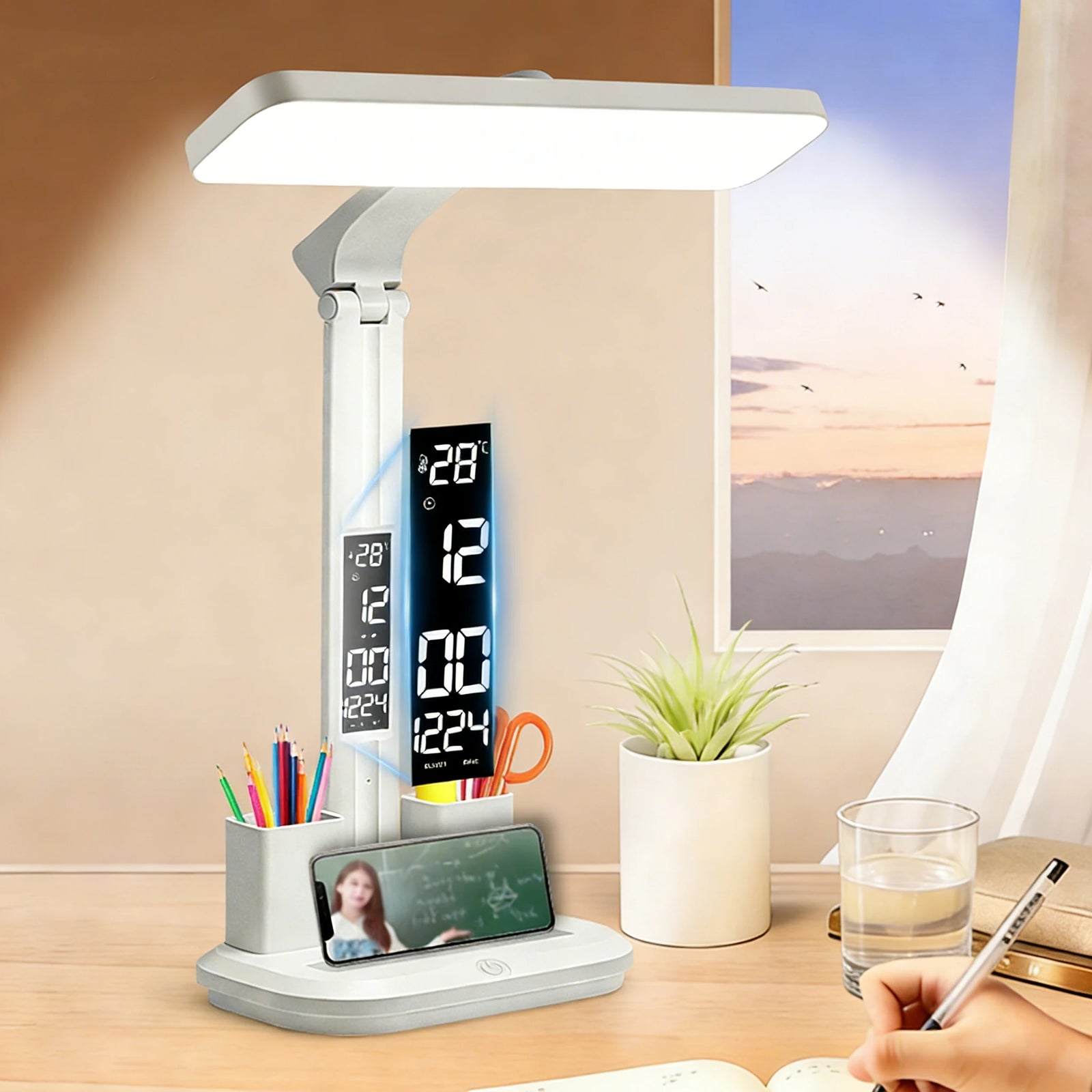 LED Desk Lamp with Digital Clock, Dimmable Eye-Caring Light with Pen Holder, USB Charging for Study, Home