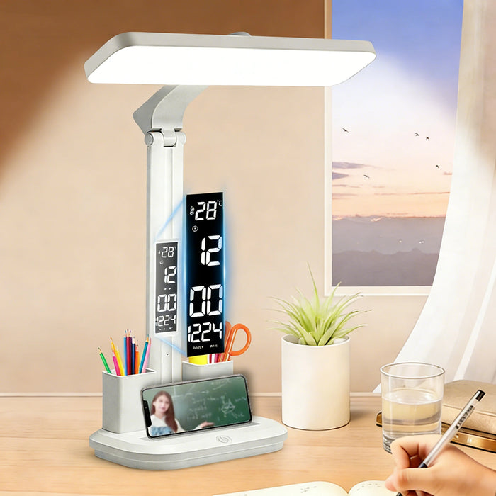LED Desk Lamp with Digital Clock, Dimmable Eye-Caring Light with Pen Holder, USB Charging for Study, Home