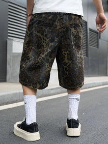 Men's Summer Retro Leopard Print Denim Shorts, Washed Loose Wide-Leg High-Street Grunge Knee-Length Denim Shorts