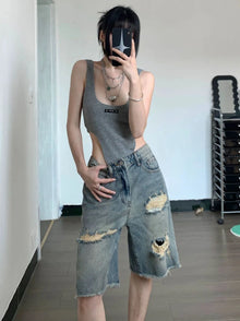 Y2K American Retro High Street Hip Hop Loose Straight Cut Shorts Women's Five-Point Pants  Style Mid-Calf Shorts with Hole