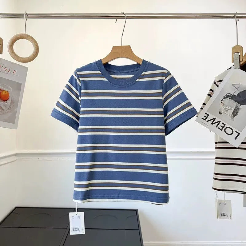 High Quality 2026 Summer New Women Fashion Stripes O-Neck Cotton T-Shirt Ladies Casual Short Sleeve Basic Tees Tops Female