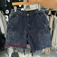 Mens Saint Distressed Denim Shorts Splashed Ink Wash Multi Pocket Loose Casual Streetwear Shorts