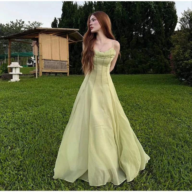 Spaghetti Strap Chiffon Lace Trim Flared Dress Sleeveless Waist Cinched 2026 Summer Formal Women Gown Chic Causal Lady Vestido