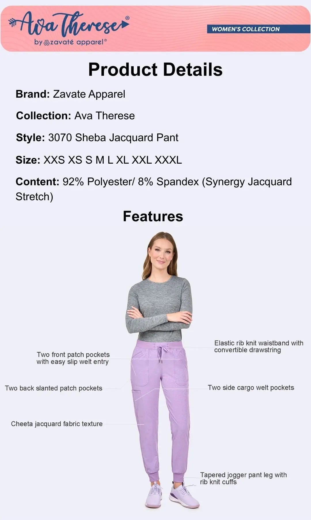 Ava Therese Sheba Jacquard Pant Medical Uniform - 3070 (Inseam length 29“）