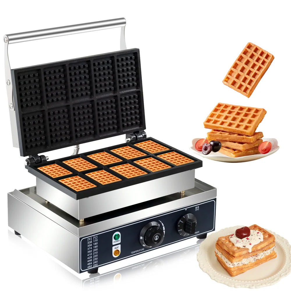 HPH2O Commercial Waffle Maker 10PCS Square Shape Waffle Machine 1550W Waffle NonStick Coating Baking and Dessert Maker