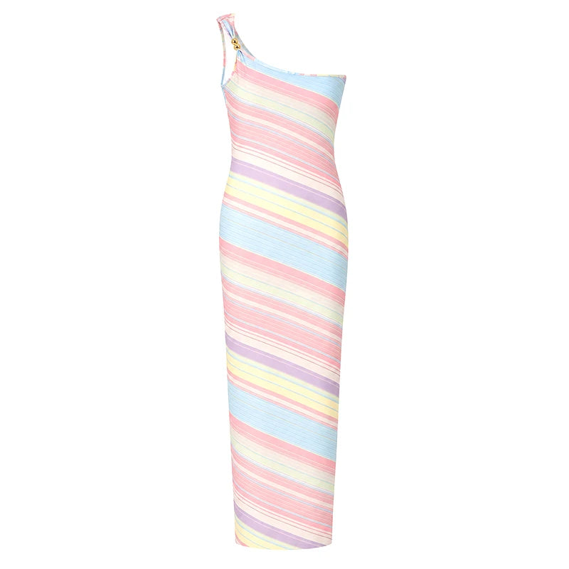 Women Rainbow Diagonal Stripe Maxi Dress One Shoulder Strap Slim Bodycon High Slit Knit Vestido Summer Beach Vacation Outfit