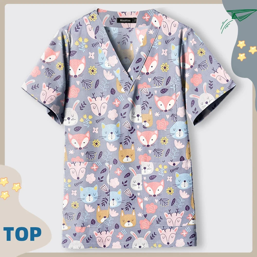 Print Dogs/Cats/Rabbit Scrub Tops Women Men Medical Scrub Shirts Pet Shop Vet Workwear Doctor Nurse Uniform Dentist Overalls Cap