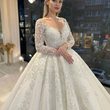 Flavinke Customized A-Line Wedding Dresses Women Sequins Appliques Bridal Gown O-Neck Long Sleeves Sweep Train Vestidos De Novia