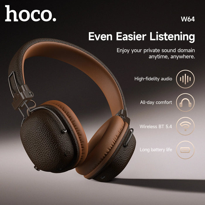 HOCO Retro PU Leather Wireless Bluetooth 5.4 Headphones 40MM Deep Bass Speaker Music Sports HiFi Audio Earbuds Fashion Over-Ear