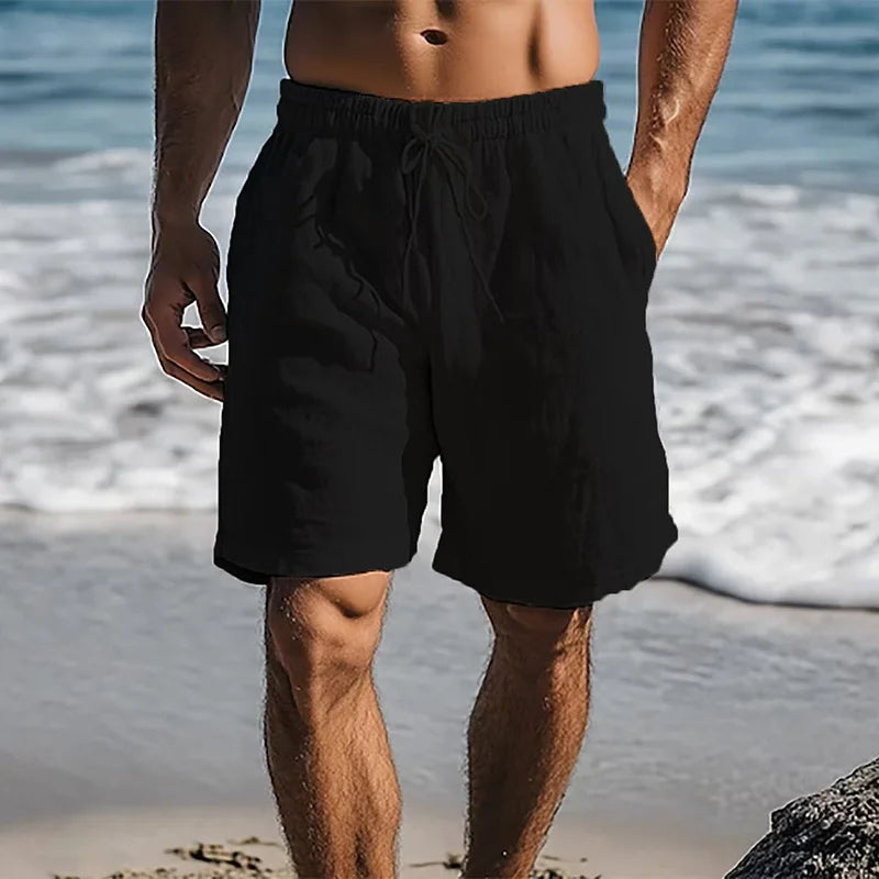 Men Cotton Linen Shorts Summer Lightweight Breathable Casual Beach Style Shorts Basic Solid Color Sweatpants Elastic Waist