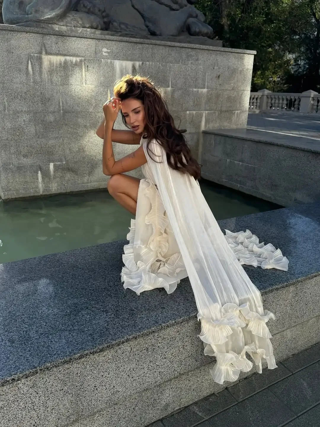 Women Solid Cloak Long Dresses Fashion Stand Neck Lace Sleeveless Ruffle Irregular Hem Dress 2025 New Summer Street Lady Gown