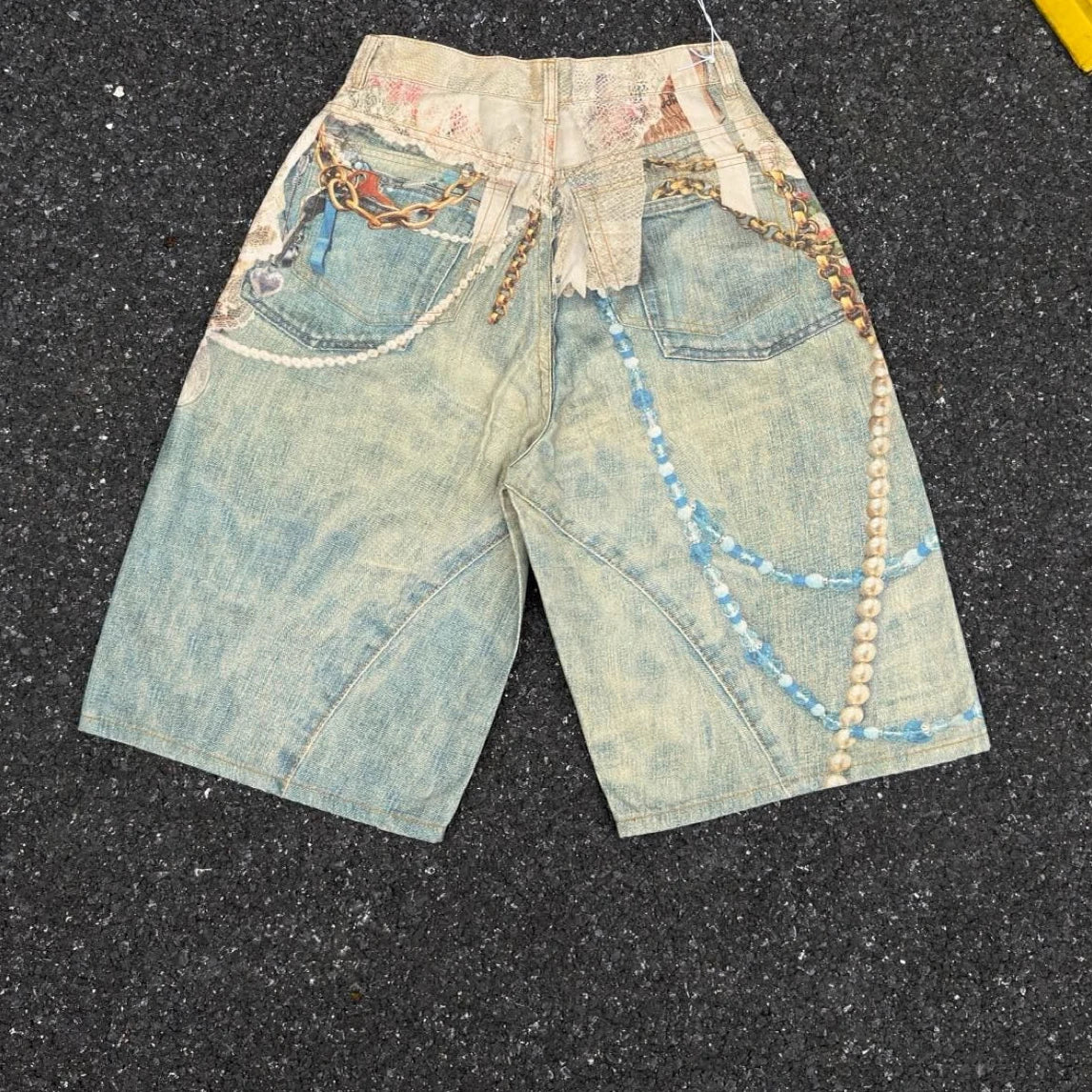3D Candy Chain Print Baggy Jeans Shorts for Men Streetwear Summer Wide Leg Patchwork Casual Loose Knee Length Pants Oversized