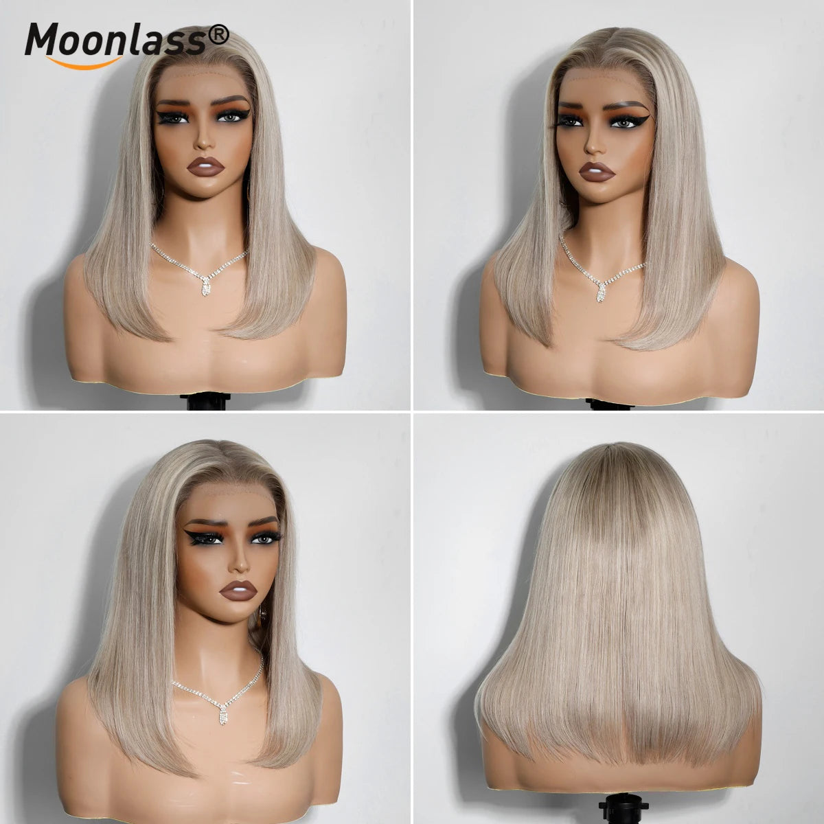 Moonlass Highlight Stardust Grey Gold Blunt Cut Bob 100% Human Hair Wig 210% Density 5x7 Glueless Wig Effortless Morning Routine
