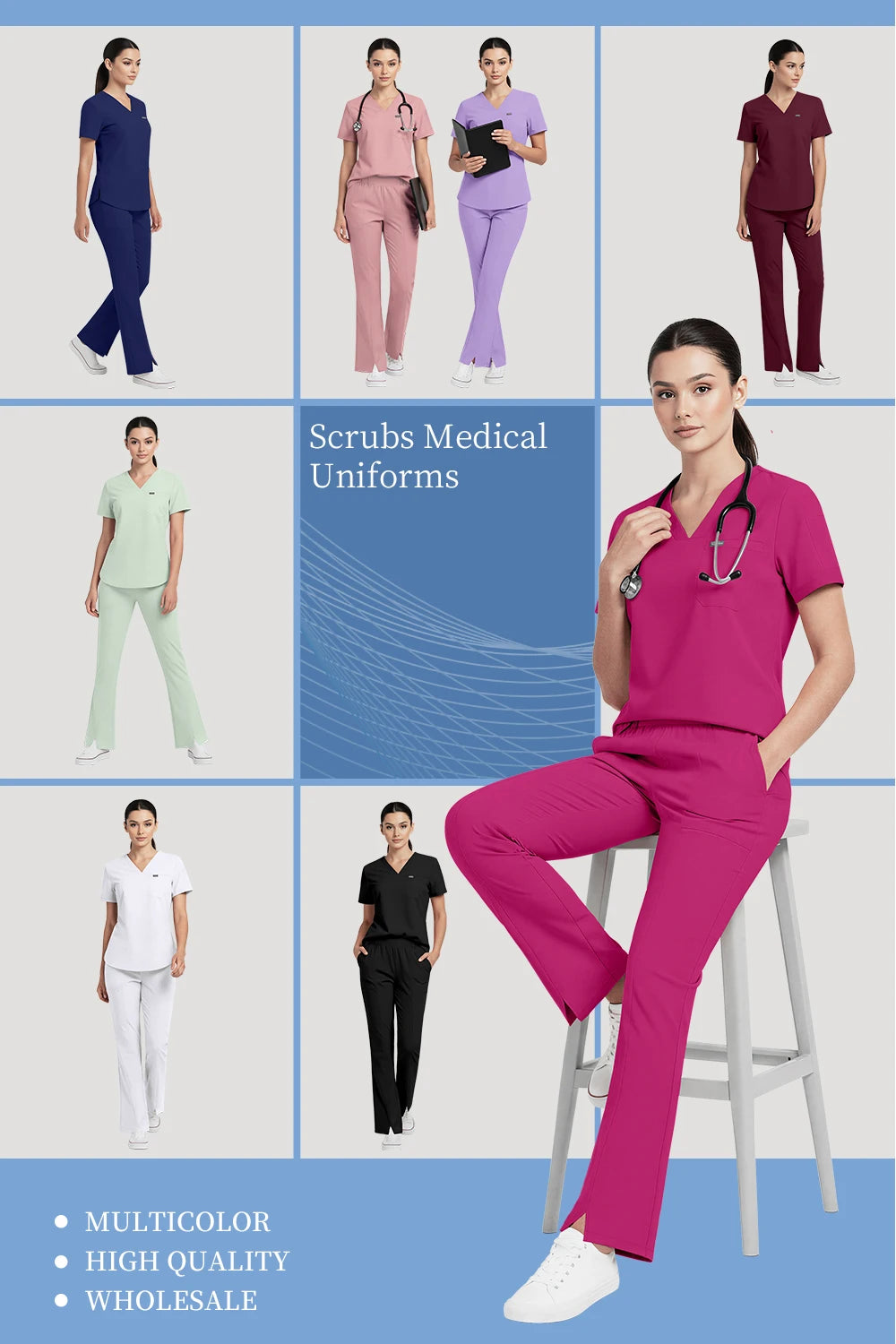 Niaahinn Pet Grooming Non-sticky Hair Workwear Surgical Uniform Medical Nurse Uniforms Women Scrubs Sets Pharmacist Work Clothes