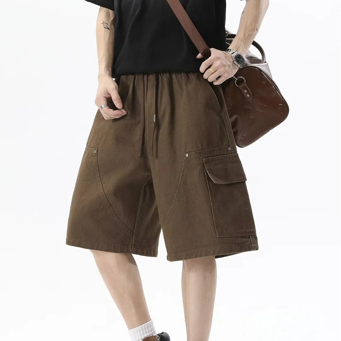 American Street Style Military Green Multi-Pocket Workwear Shorts Men Summer Deconstructed Rivet Design Loose Five-Quarter Pants